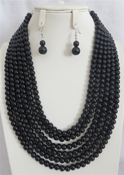 Multi-Layered Black Pearl Silver Toned Necklace Set