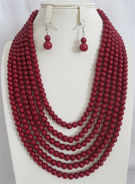 Multi-Layered Burgundy Red Pearl Silver Toned Necklace Set