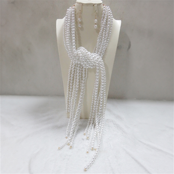 Fashion White Faux Pearls Tassel-Like Long Necklace Set
