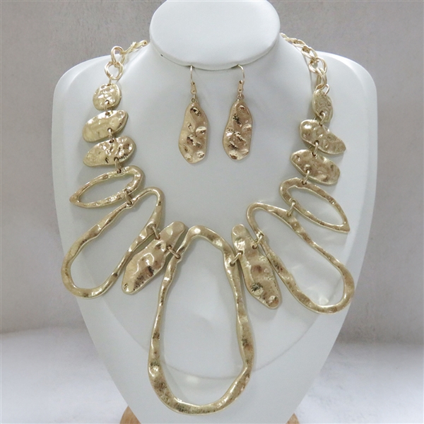 Fashion Statement Hammered Unique-Shaped Charms Matte Gold Necklace Set