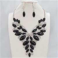 Fashion Statement Silver-Tone Pageant Bib Sparkling Diamond & Black Stone Necklace Set