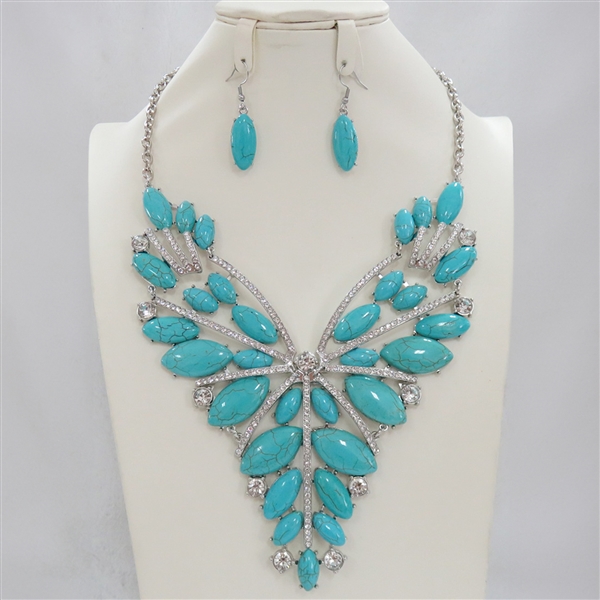Fashion Statement Silver-Tone Pageant Bib Sparkling Diamond & Turquoise Stone Necklace Set