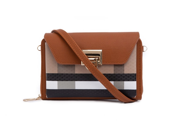 Stylish Plaid Brown & Light Brown Faux Leather Crossbody Wallet