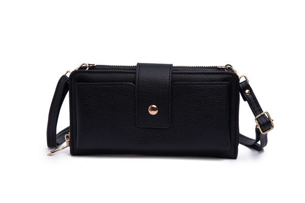 Stylish 2 Sectioned Black Faux Leather Crossbody Wallet