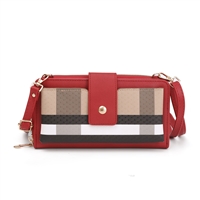 Stylish Plaid Red & Light Brown Faux Leather Crossbody Wallet