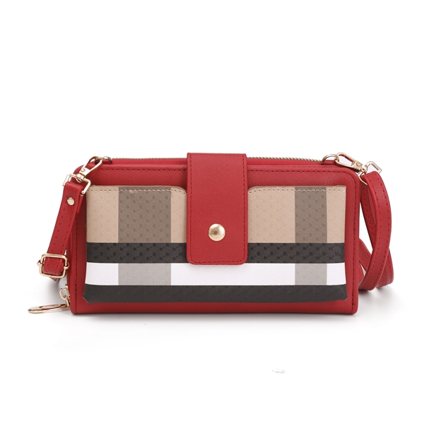 Stylish Plaid Red & Light Brown Faux Leather Crossbody Wallet