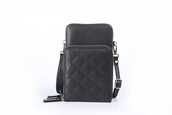 3 Sectioned Fashion Black Faux Leather Quilted Crossbody Wallet