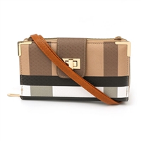 Stylish Light Brown Plaid Design Brown Faux Leather Crossbody Wallet