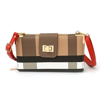 Stylish Light Brown Plaid Design Red Faux Leather Crossbody Wallet