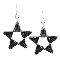 Fashion Black Cylinder Bead Wire Star Designed Silver-Toned Fish Hook Earrings