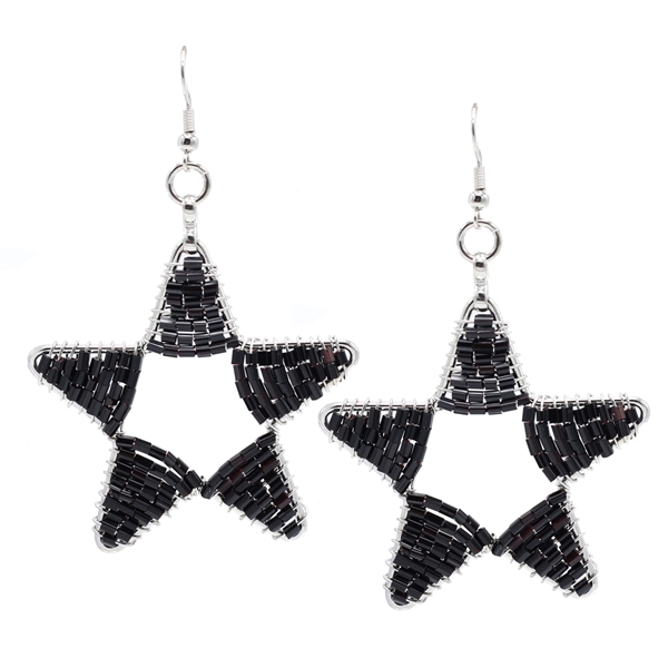 Fashion Black Cylinder Bead Wire Star Designed Silver-Toned Fish Hook Earrings