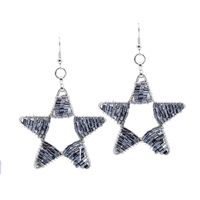 Fashion Blue-Toned Cylinder Bead Wire Star Designed Silver-Toned Fish Hook Earrings