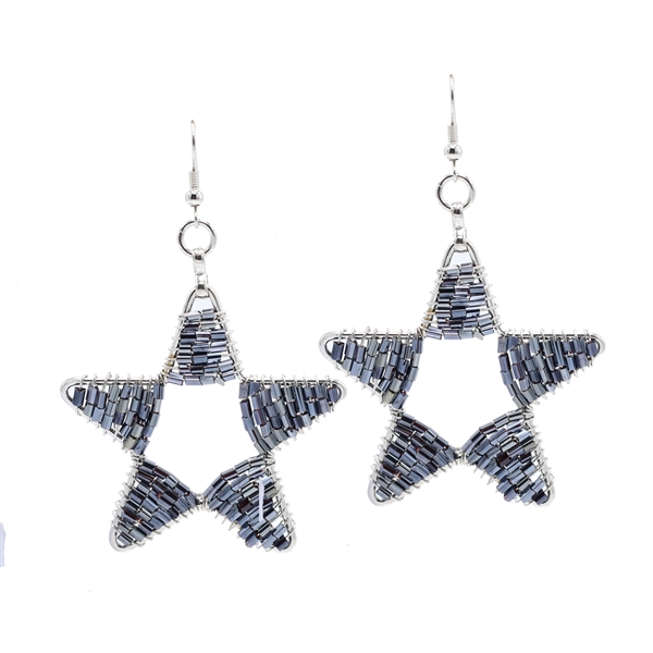 Fashion Blue-Toned Cylinder Bead Wire Star Designed Silver-Toned Fish Hook Earrings