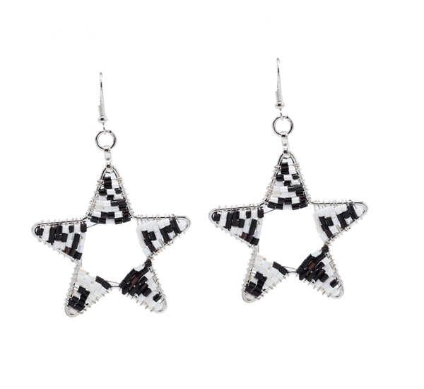 Fashion Black &White Cylinder Bead Wire Star Designed Silver-Toned Fish Hook Earrings