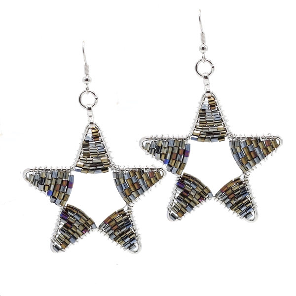 Fashion Bronze Mixed Cylinder Bead Wire Star Designed Silver-Toned Fish Hook Earrings