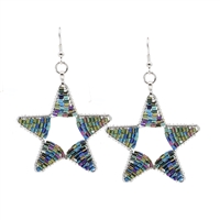 Fashion Green & Blue Oil Spill Mixed Cylinder Bead Wire Star Designed Silver-Toned Fish Hook Earrings