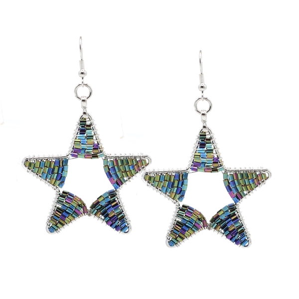 Fashion Green & Blue Oil Spill Mixed Cylinder Bead Wire Star Designed Silver-Toned Fish Hook Earrings