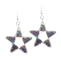 Fashion Purple & Green Oil Spill Mixed Cylinder Bead Wire Star Designed Silver-Toned Fish Hook Earrings