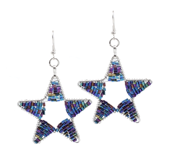 Fashion Blue & Purple Oil Spill Mixed Cylinder Bead Wire Star Designed Silver-Toned Fish Hook Earrings