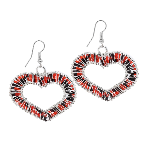 Fashion Red & Black Cylinder Bead Wire Heart Designed Silver-Toned Fish Hook Earrings