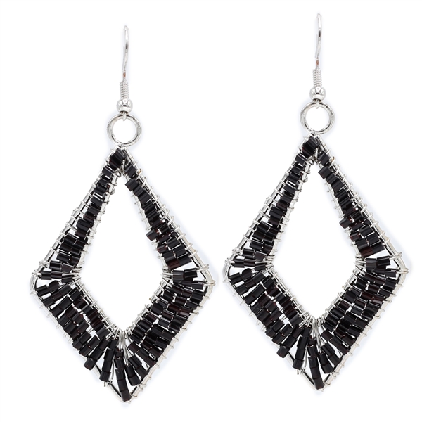 Fashion Black Cylinder Bead Wire Diamond Designed Silver-Toned Fish Hook Earrings