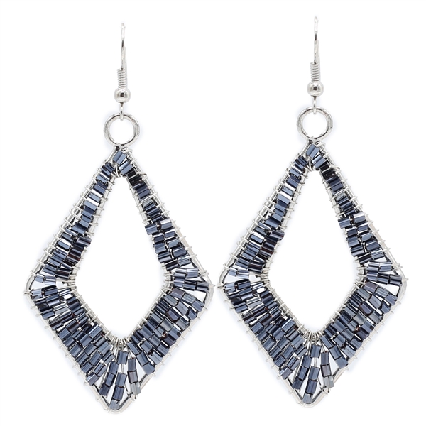Fashion Blue Tone Cylinder Bead Wire Diamond Designed Silver-Toned Fish Hook Earrings