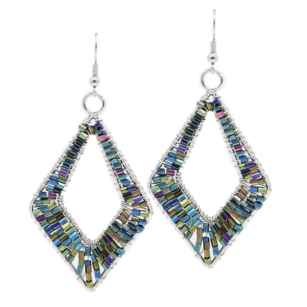 Fashion Green & Blue Mix Cylinder Bead Wire Diamond Designed Silver-Toned Fish Hook Earrings