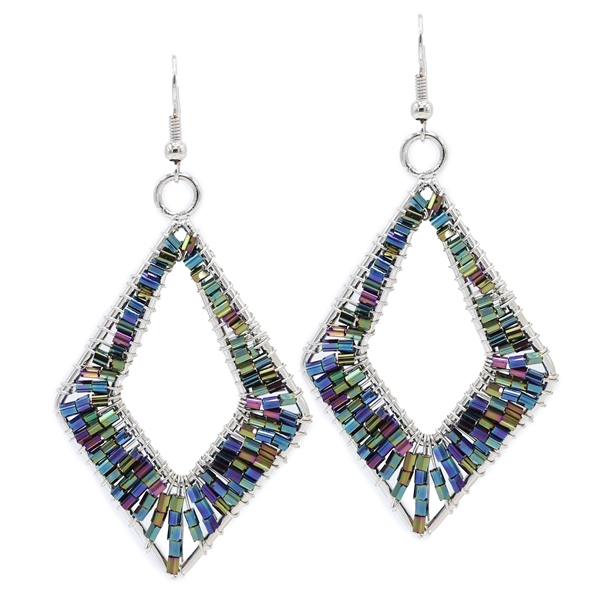 Fashion Purple & Green Mix Cylinder Bead Wire Diamond Designed Silver-Toned Fish Hook Earrings