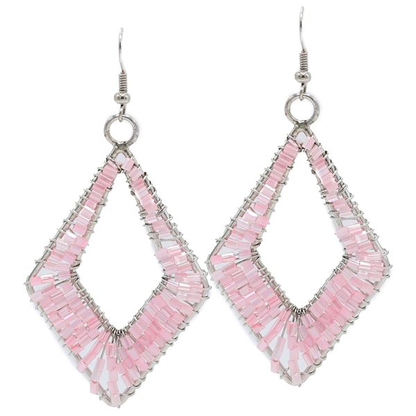 Fashion Pink Cylinder Bead Wire Diamond Designed Silver-Toned Fish Hook Earrings