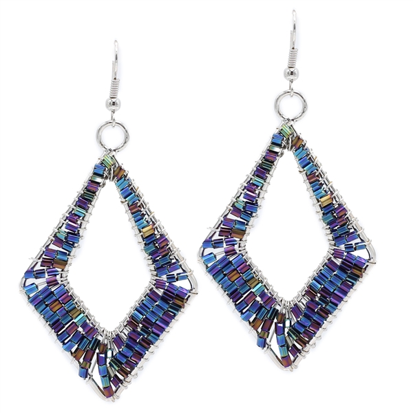 Fashion Purple Tone Cylinder Bead Wire Diamond Designed Silver-Toned Fish Hook Earrings