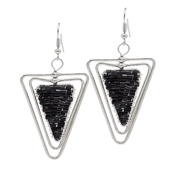 Fashion Black Cylinder Bead Wire Triangle Designed Silver-Toned Fish Hook Earrings