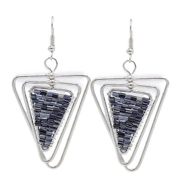 Fashion Blue Tone Cylinder Bead Wire Triangle Designed Silver-Toned Fish Hook Earrings