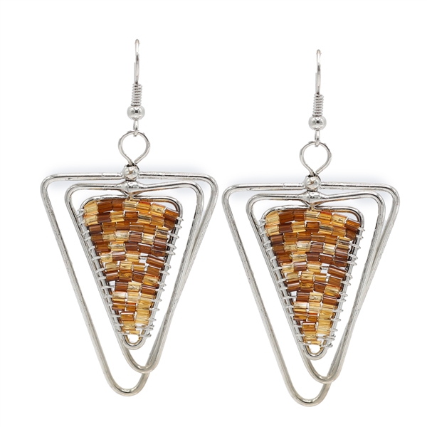 Fashion Brown Mixed Cylinder Bead Wire Triangle Designed Silver-Toned Fish Hook Earrings
