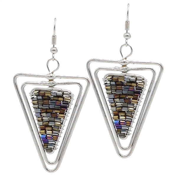 Fashion Bronze Mixed Cylinder Bead Wire Triangle Designed Silver-Toned Fish Hook Earrings