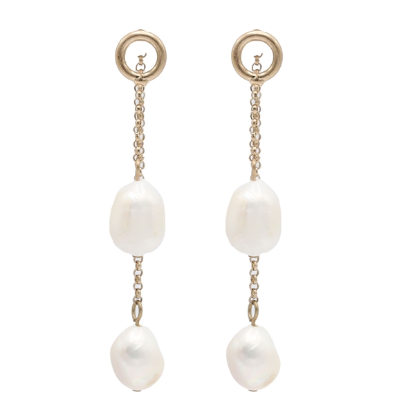 Beautiful Elegant & Stylish Gold-Toned Oval-Shaped Baroque Pearl Double Chain Post Backing Earrings