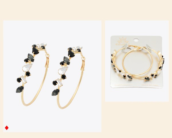 Fashion Sparkling Diamond, Black Diamond & Jet Crystal Gold Toned Hoop Earrings