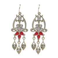 Sparkling Diamond Crystals & Red Stones Decorative Gold-Toned Fish Hook Earrings