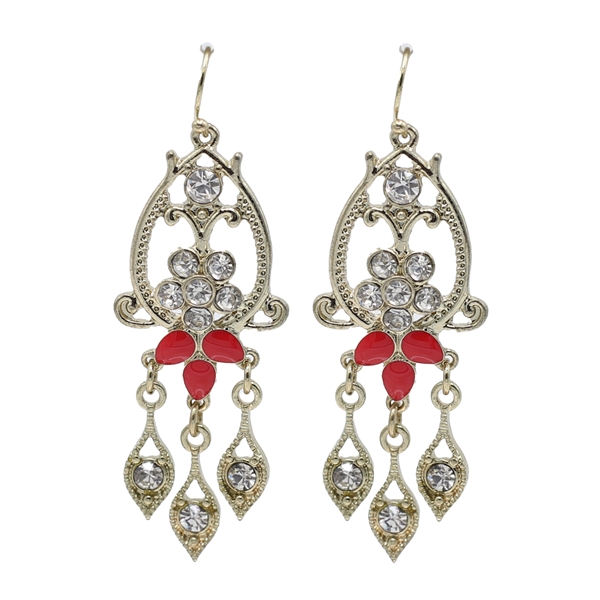 Sparkling Diamond Crystals & Red Stones Decorative Gold-Toned Fish Hook Earrings