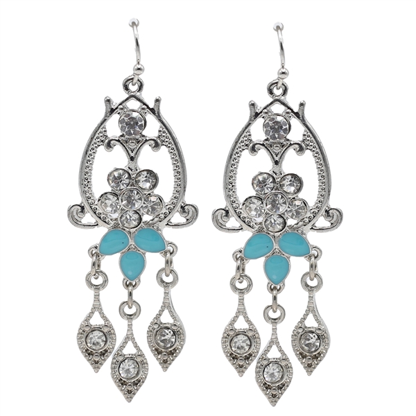 Sparkling Diamond Crystals & Turquoise Stones Decorative Silver-Toned Fish Hook Earrings