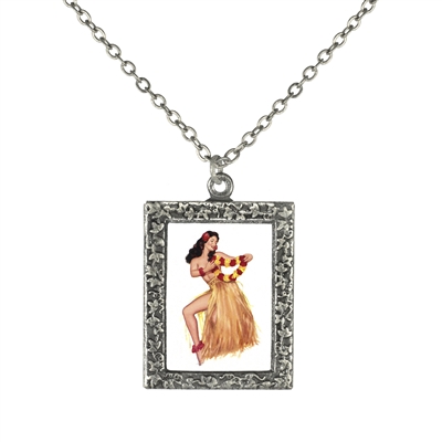Vintage Art Pendant Necklace - Hawaiian Pin-Up Girl