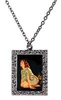 Vintage Art Pendant Necklace - Redhead Negligee Pin-Up Girl