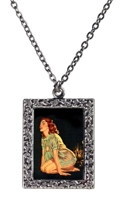 Vintage Art Pendant Necklace - Redhead Negligee Pin-Up Girl