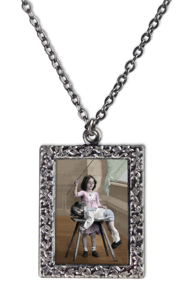 Vintage Photo Pendant Necklace - Little Girl Spanks Little Boy