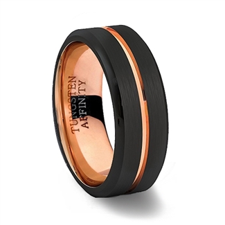 Brushed Black Tungsten Carbide Ring Polished Beveled Edges with Rose Gold Center Channel & Rose Gold Inner Band