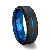 Brushed Black Tungsten Carbide Ring Polished Double Beveled Edges with Blue Center Channel