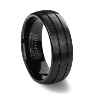 Brushed Finish Black Tungsten Carbide Ring & 2 Polished Grooves