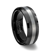 Black Brushed Tungsten Carbide Wedding Ring with Beveled Edge and natural center
