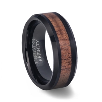 Black Tungsten Ring Polished Finish with Koa Wood Inlay
