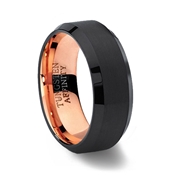 Brushed Black Tungsten Carbide Ring Polished Beveled Edges with Rose Gold inner band
