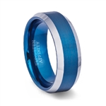 Brushed Blue Tungsten Carbide Ring Polished Beveled Band